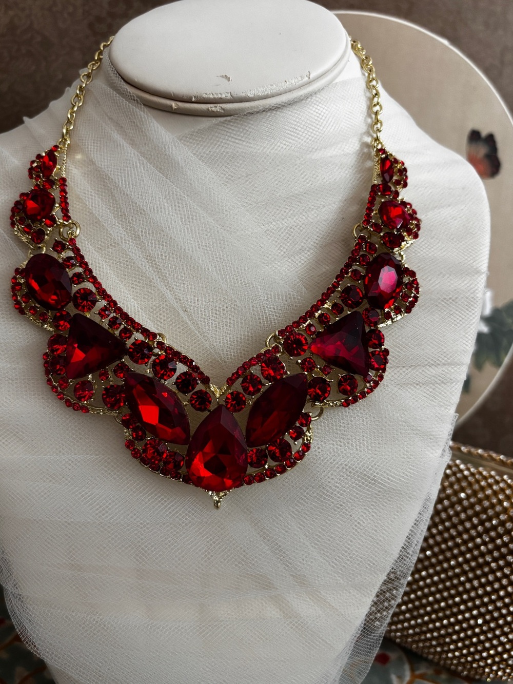 Gold-Tone Red Rhinestone Statement Necklace